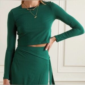 Reformation Vienna Crop Top Ribbed Long Sleeve Emerald Green HighNeck Size Small
